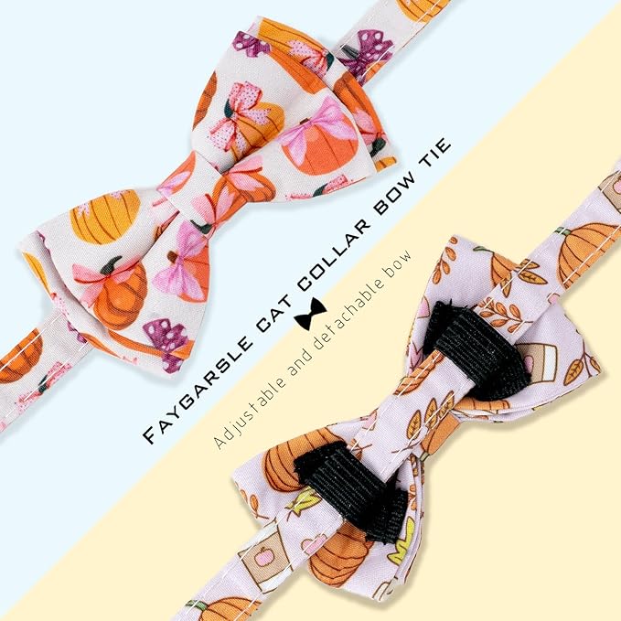 Faygarsle 2 Pack Fall Pumpkin Cat Collar with Bow Tie and Bell, Breakaway Safety Buckle, Pink and White