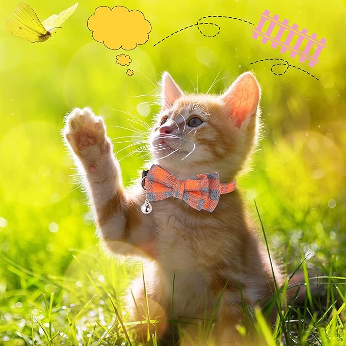 DragonflyDreams 6 PCS Cat Collars with Bow Tie and Bell,Cat Collars Plaid,Breakaway Adjustable Cat Bow Tie Collars,Cute Bow Tie Suitable for Kittens Or Certain Puppies