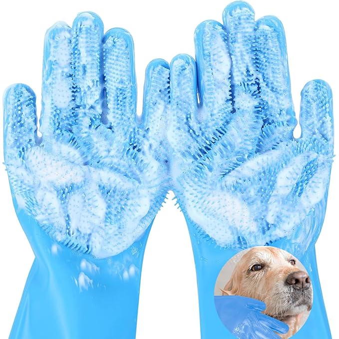 Dog Washing Gloves for Shedding & Bathing - 5-Finger Deshedding & Massage Gloves for Dogs & Cats, Reusable Heat-Resistant Silicone Brush Gloves, Gentle Hair Removal & Bathing Aid (Pair) (Blue)