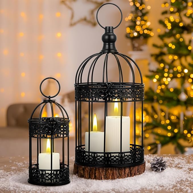Sliner 4 Pcs Birdcage Candle Holder Valentine Decorative Bird Cages for Weddings Vintage Candlestick Holders Metal Lanterns Model Wedding Candle Centerpieces for Tables Valentine Home Decor(Black)