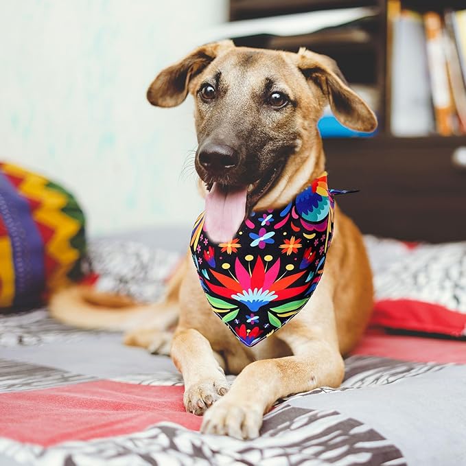 Whaline 2Pcs Mexican Dog Bandana Cinco De Mayo Fiesta Cotton Pet Scarf Double-Sided Adjustable Black Floral Pet Neckerchief for Small Medium Large Cat Dog Carnival Accessories