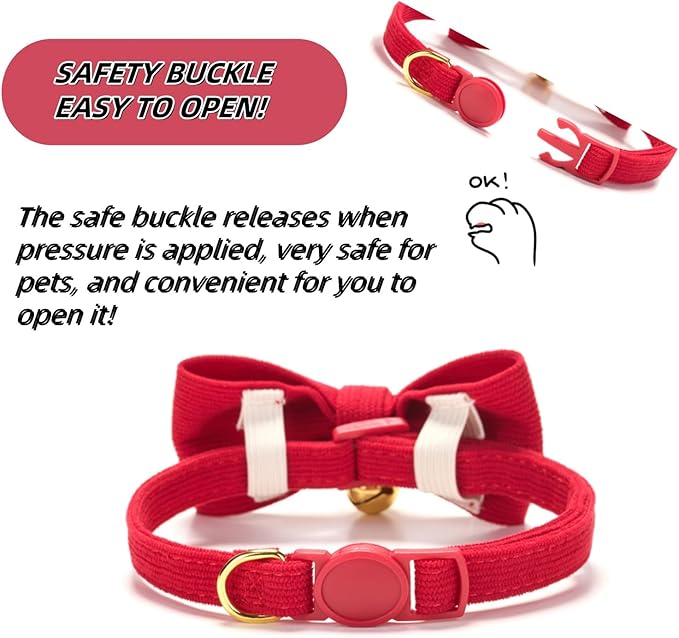 Soft Corduroy Cat Collar with Bell and Bowtie, Safety Breakaway Clasp, Adjustable for Kitten and Cats Red Color.