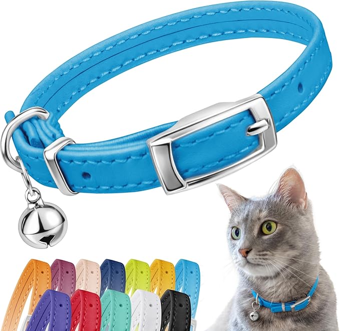 CollarDirect Leather Cat Collar with Bell - Kitten Collar, Small and Big Cat Collar for Boy Cats, Girl Cats with Safety Elastic Strap (Neck Fit 6"-7", Light Blue)