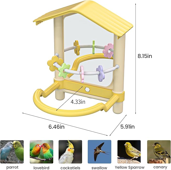8.1 Inch Pet Bird Mirror with Perch Stand and Parakeet Chew Toys,Parrot Toys Bird Cage Decorative Accessory, Helps Birds Release Stress for Canaries Budgies Lovebirds Conures Cockatiels (Pink)