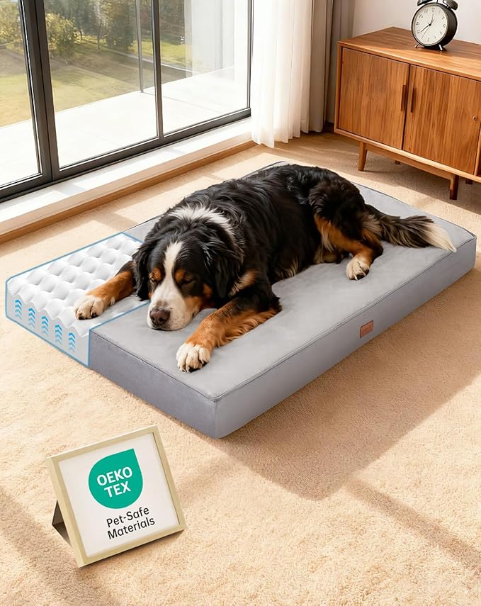 OhGeni Orthopedic Waterproof Dog Bed for Extra Large Dogs, Machine-Washable Removable Cover in Easy-Clean Fabric, High Density Foam & Easy-Carry Handle, Suitable for Crate, 47 inch (Gray)