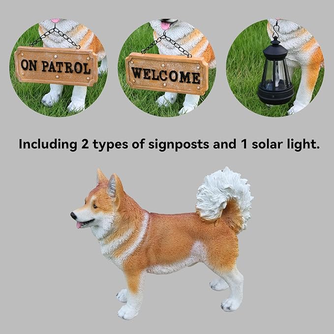 Akita Statue Outdoor Decorations – Dog Statues Outdoor Standing Yellow Akita with Replaceable Solar Light & Welcome Sign for Porch Décor