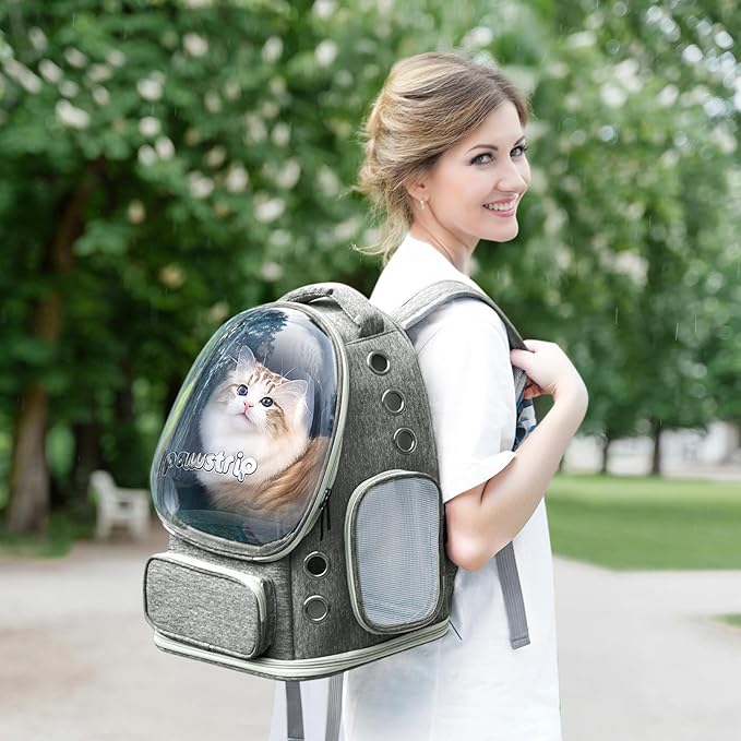 Pawstrip Cat Backpack Carrier with Large Space Bubble Window, Airline Approved Breathable Pet Carrier for Small Dogs Cats up to 15lbs, Foldable for Travel Hiking & Outdoor Use