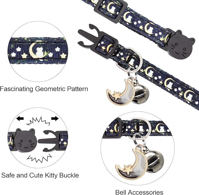 2 Pack Breakaway Cat Collar with Bells,Adjustable Moon and Star Kitten Safety Collars for Boys & Girls,Black+Teal