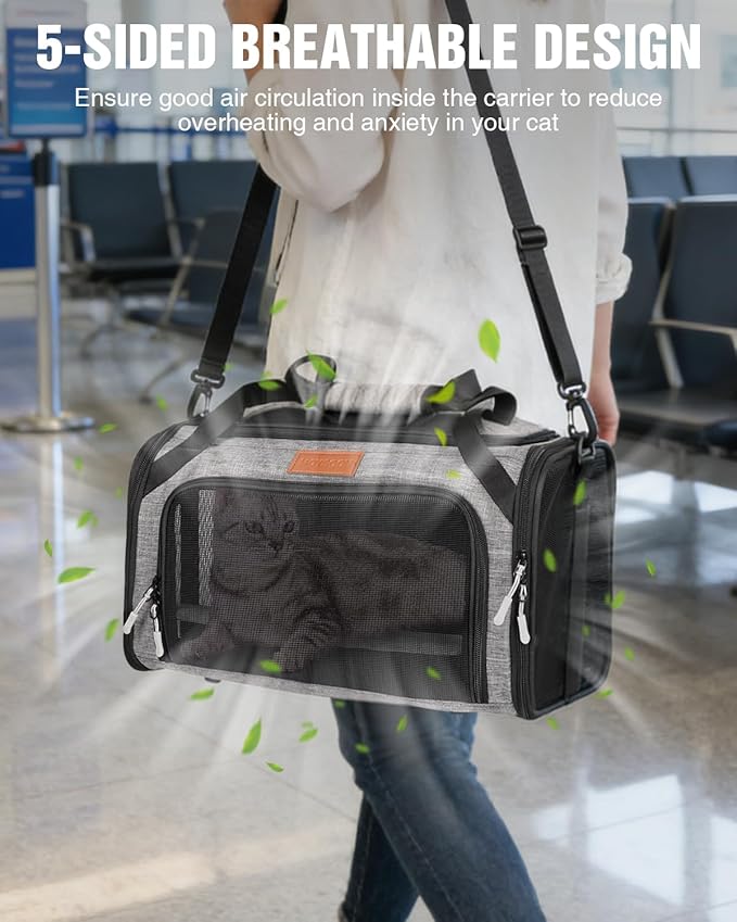 PETUX Top and Side Expandable Pet Carrier for Small Pets Up to 11 lb - 17 x 11 x 9.5 in, Underseat, Soft-Sided Airline Approved Cat Dog Carrier with Safety Buckle and Anti-Scratch Mesh - Grey