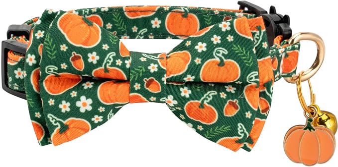 2 Pack Cotton Cat Collar with Bow Tie and Bell for Male Female Cats,Soft Fancy Breakaway Kitty Kitten Collar with Ghost& Pumpkin Patterned Design for Boy Girl Cats. (Pumpkin&Mushroom)
