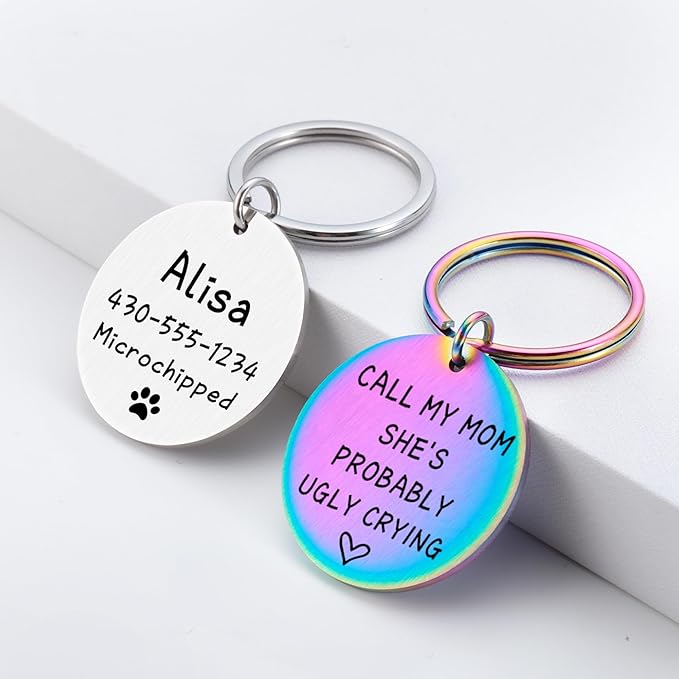 Funny Personalized Dog Tag, Customized Dog Collar with Name Tag Plate, Call My Mom She's Probably Ugly Crying,Cute Pet Tag Keychain for Dog Cats Owner, Dog Name Tag Double Sided Engraved (Type 2)