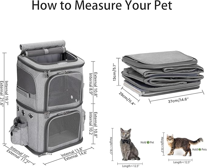 Double-Compartment Pet Carrier Backpack for Small Cats and Dogs, Cat Travel Carrier for 2 Cats, Perfect for Traveling/Hiking/Camping, Grey