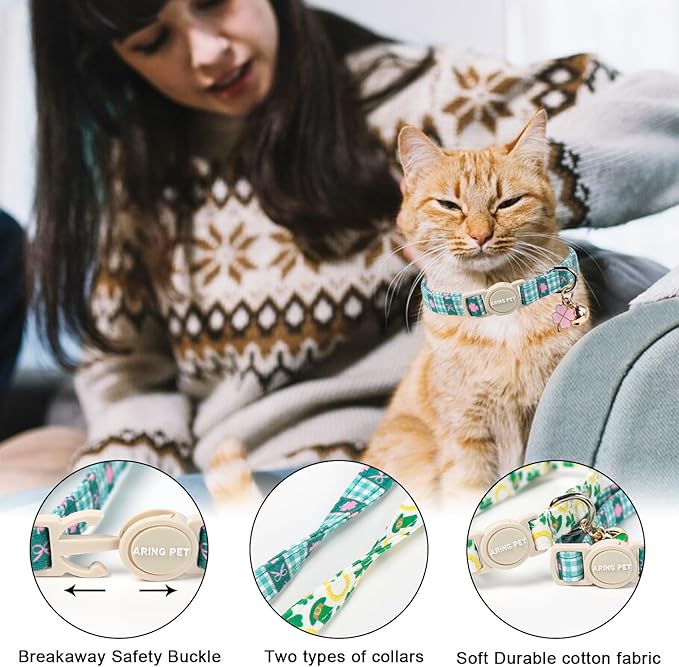 ARING PET 2 Pack St Patrick's Day Cat Collar, Breakaway Kitten Small Cute Green Lucky Clover Shamrock Collars with Bells for Girl Boy Cats