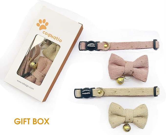 Safety Quick Release Cat Collars, Soft Kitten Collars with Detachable Bow Tie and Bell, Pack of 2, Adjustable 20-30 cm (20-30cm, Pink+Cream)