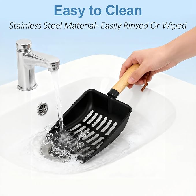Cat Litter Scoop, Metal Litter Scoop, Heavy Duty Metal Cat Scooper for Litter Box, Black Sifter Scoop for Pellets, Wooden Handle Scoop with Hole, Kitty Necessity (5.5" Handle)