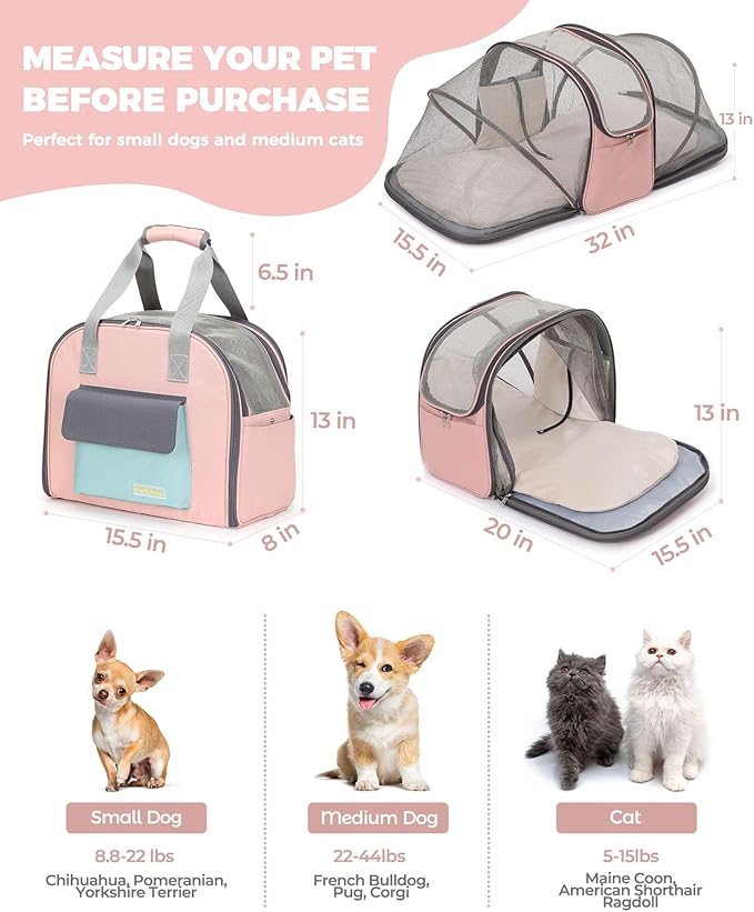 Expandable Cat & Small Dog Carrier Backpack, Soft-Sided Airline-Approved Pet Travel Bag with Dual-Side Expansion, Under-Seat Fit, Breathable Mesh, for Hiking, Vet Visits & Trips (Up to 22 lbs)