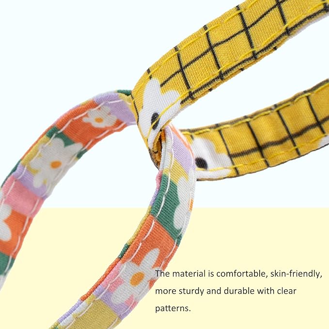 Faygarsle 2 Pack Striped Plaid Floral Pattern Cat Collars Breakaway Safety Collar with Bell Spring Summer Design for Girl Cats,Yellow Multicolor