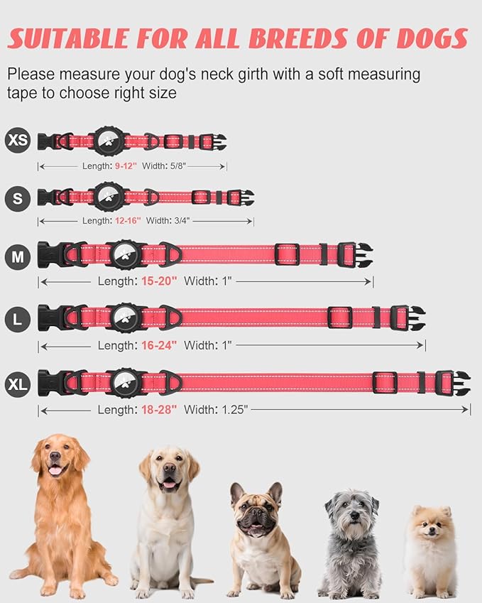 Joytale Airtag Dog Collar, Reflective Pet Collar with Waterproof AirTag Holder, Dual D-Rings, Soft Padded Adjustable for Small Dogs, Neon Pink, S