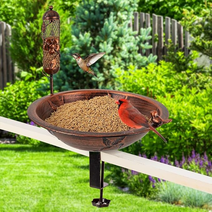 DREAMSOUL 13" Dia Deck Mounted Bird Bath with Clamp, Metal Bird Bath and Feeder Detachable Unheated Birdbath for Deck Railing