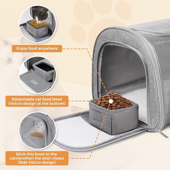 Soft Cat Carrier for Pets Up to 15 lbs, TSA Approved for Airline in-Cabin, Cat Travel Bag with Detachable Cat Food Bowl, Pet Carriers for Small Dogs, Waterproof Travel Puppy Carry, Gray