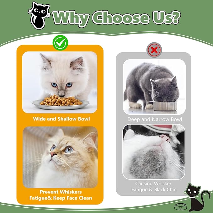 2-Pack Stainless Steel Cat Food Bowls, Shallow Whisker-Friendly Non-Slip Silicone Base Metal Dishes, Easy to Clean Indoor Feeding Flat Plates for Cat, Kitten, Small Dog (6.7")