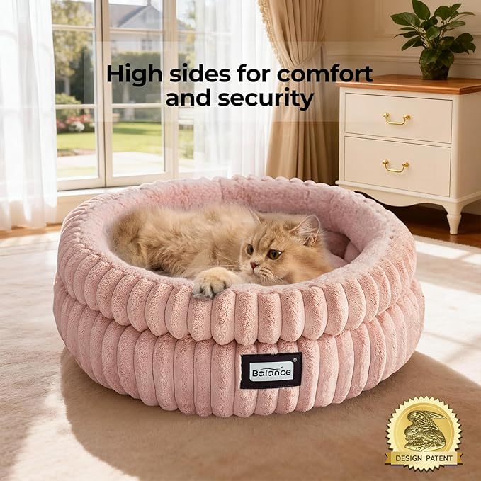 BALANCE Cat Bed Kitten Bed, Washable Round Cat Beds for Indoor Cats,Super Soft Plush Faux Fur Pet Bed for Puppy and Kitten with Anti-Slip Bottom