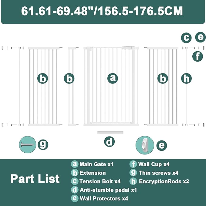 40.55" Tall, 61.61-69.48 Inch Wide, 1.37" Ultra Narrow Spacing Dog Pet Baby Gate Indoor for Doorway Hallway, Pressure Mounted 62 63 64 65 66 67 68 69 Inches Wide