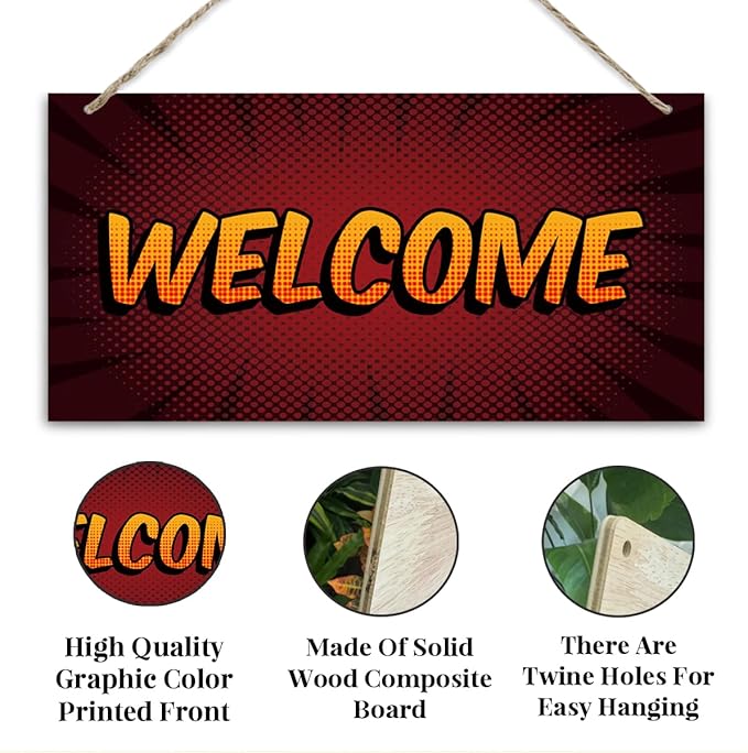 Welcome Sign for Front Door, Front Door Wooden Hanging Sign, Comic Style Welcome Hanging Signs for Wall Decor, Rustic Funny Wooden Playroom Wall Decoration 13.8X6.9 inches