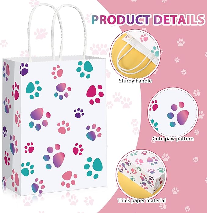 Blulu 20 Pcs Puppy Dog Paw Gift Bags with Twist Handles, Dog Gift Paper Paw Treat Goodie Bags for PET Treat Party Favor, 6.3 x 3.1 x 8.6 Inch(Pink,Purple)