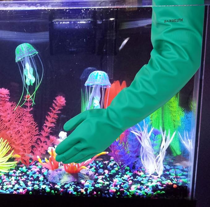 Aquarium Gloves for Fish Tank Maintenance,Shoulder Length Waterproof Long Rubber Hands Protector for Fish Aquarium Water Change Cleaner Dog Cat Bath and Kitchen,Large