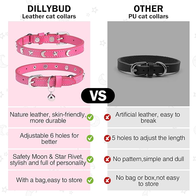 Leather Cat Collars for Boy Girl Cats with Bell and Safety Elastic Belt, Personalized Star and Moon Stud Adjustable Safe Buckle Collar for Kitty Small Big Cats Size 8-12 Inch, Rose