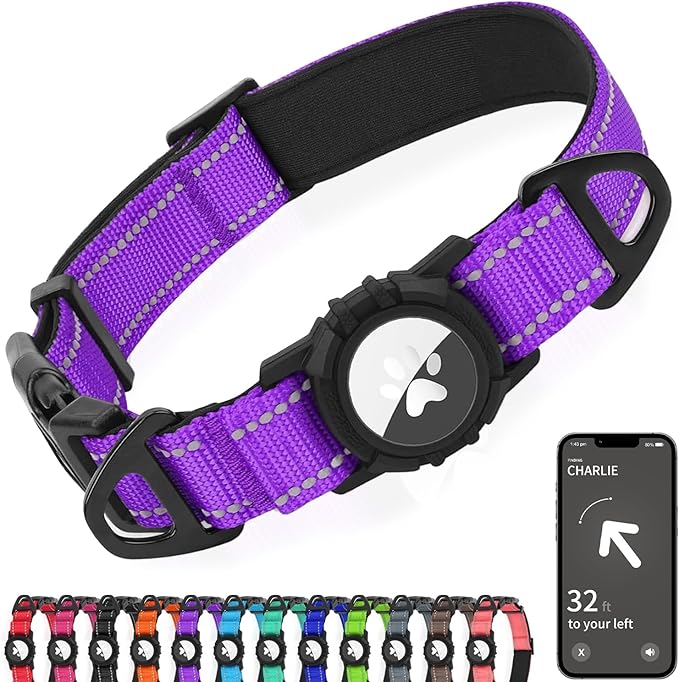 Joytale Airtag Dog Collar, Reflective Pet Collar with Waterproof AirTag Holder, Dual D-Rings, Soft Padded Adjustable for Small Dogs, Purple, S