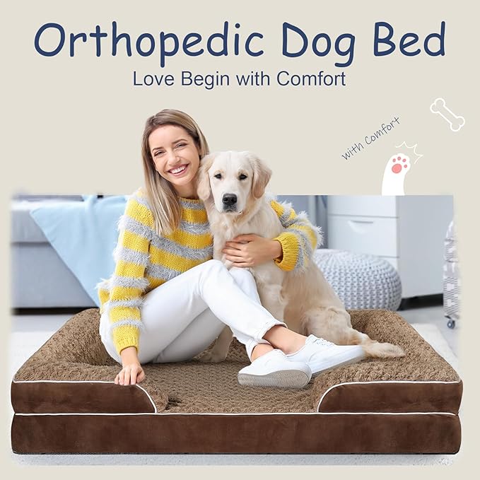 Orthopedic Dog Bed for Large Medium Sized, Washable Memory Foam Large Dog Bed, Medium Pet Sofa with Removable Cover, Washable Waterproof Pet Couch Beds(Brown, L)