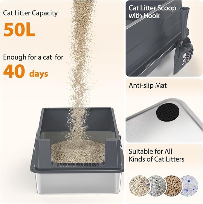 FURTIME XXXL Extra Large Stainless Steel Litter Box with Lid, Large Cat Litter Box for Big Cat, Large Metal Cat Box with High Sided, Non-Stick, Easy Cleaning, Includes Scoop and Mat