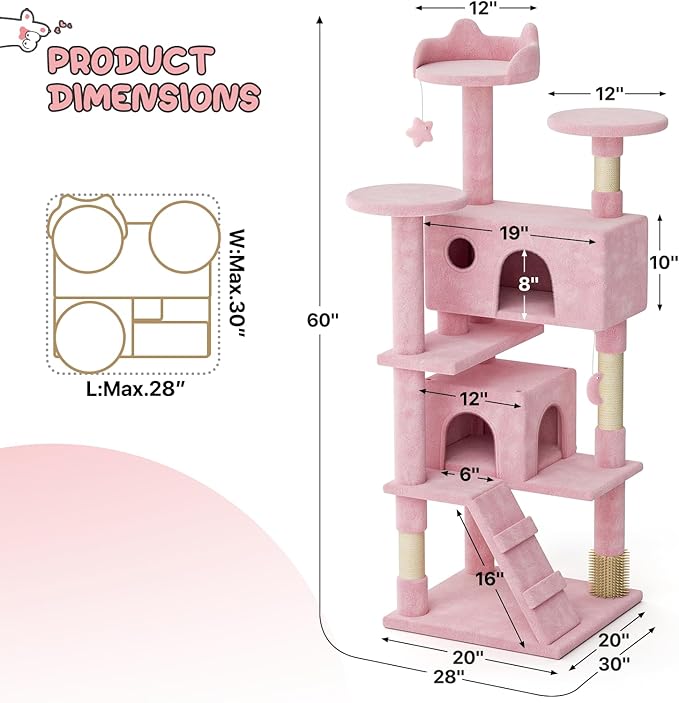 MoNiBloom 60 Inch Cat Tree Tower for Indoor Cats Large Adults, Pink Cat Tower with Scratching Post, Multi-Level Furniture Activity Center with Cat Condo Pet Play House, Soft Pink