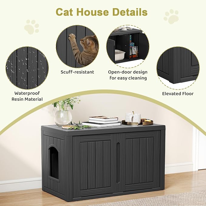 Cat Litter Box Enclosure, Hidden Enclosed Litter Box Furniture with Adjustable Partition, Multi-Functional Outdoor Cat House, Side Table, Easy to Clean, Dark Black
