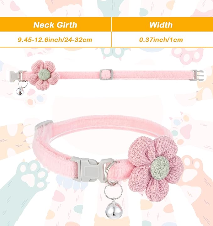 2Pcs Girl Cat Collars, Pink Girly Kitten Collar Plush Flower Cute Cat Collars for Girl Cats, Adjustable Design with Bell, Breakaway Safety Buckle, Cute Accessories for Girls' Kittens, Pink & Cream
