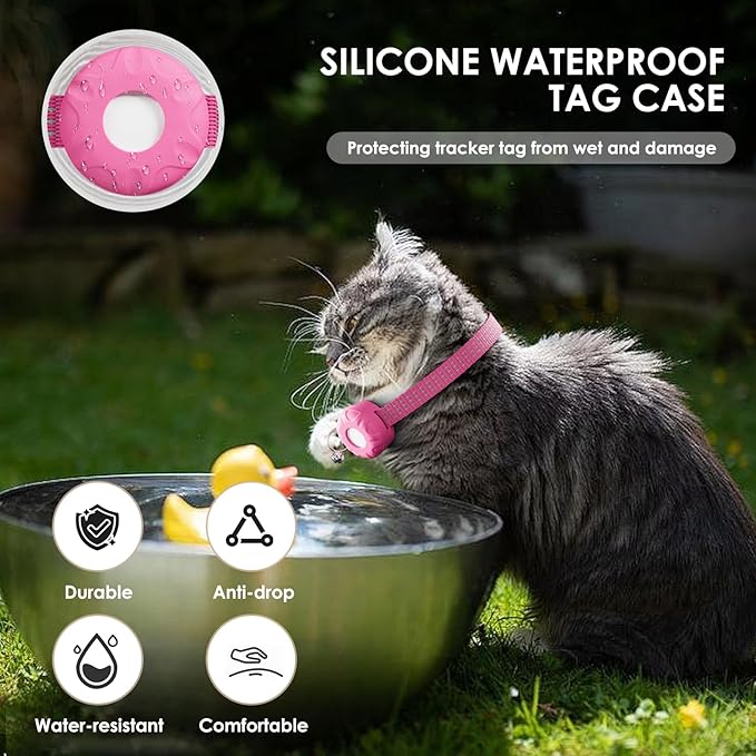 Cat Tracker, Lightweight GPS Tracker Compatible with Apple Find My App(Only iOS), Waterproof Cat Trackers Collar with Bell and Safety Elastic Buckle, No Monthly Fee Pet Tracker, Pink
