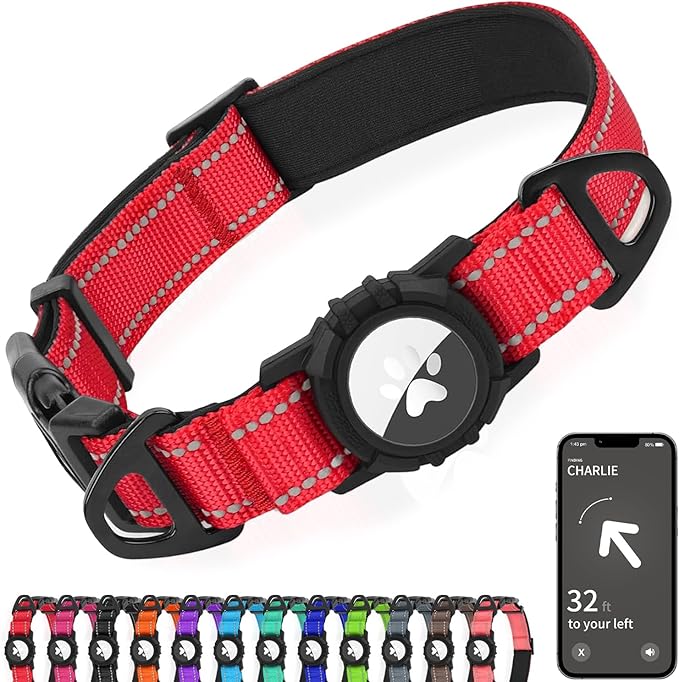 Joytale Airtag Dog Collar, Reflective Pet Collar with Waterproof AirTag Holder, Dual D-Rings, Soft Padded Adjustable for Large Dogs, Red, L