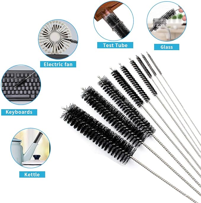 10PCS Flexible Drain Brush Straw Cleaner Brush Set,Pipe Cleaners Brush,61Inch Stainless Steel Double-Ended Hose Brush 8.2Inch Nylon Long CPAP Tube Cleaning Brush for Home Kitchen Sink Plumbing