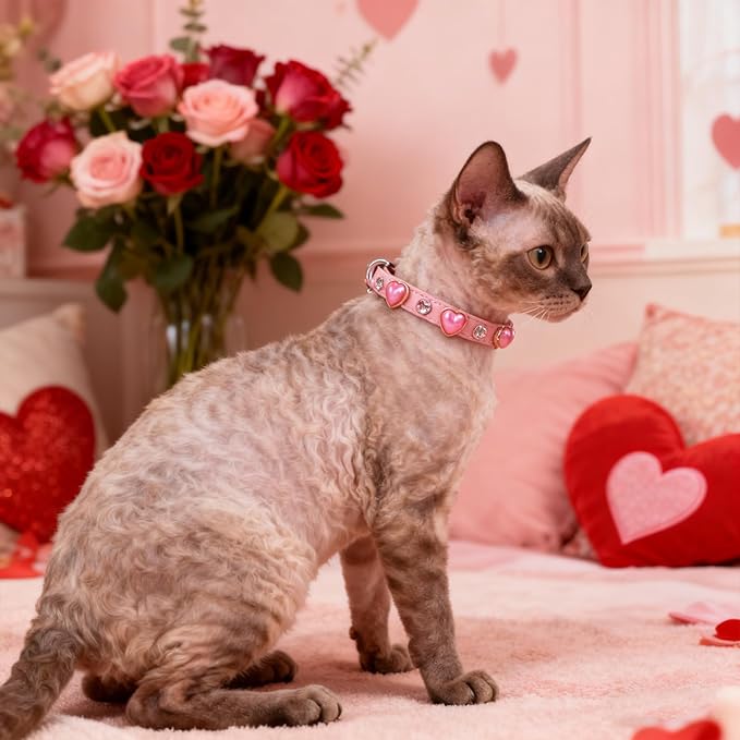 EXPAWLORER Valentine's Day Leather Cat Collar for Girl Boy- Adjustable Pet Collar with Safety Elastic Belt,Personalized Rhinestone Accessories Buckle Collars with Bell & Durable D-Ring,Heart (Pink)