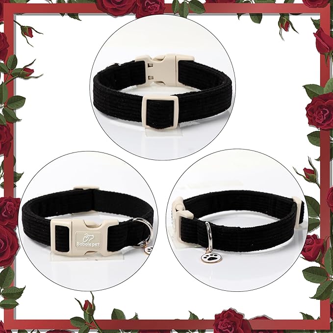 Cute Corduroy Dog Collar - Black Adjustable Dog Collars for Medium Dogs 25-50lbs, Fade-Proof with Secure Snap & Little Charm, Christmas Birthday Gift, M