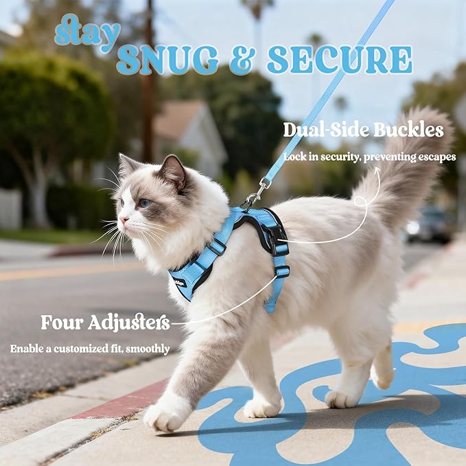rabbitgoo Cat Harness and Leash for Walking, Escape Proof Soft Adjustable Vest Harnesses for Cats, Easy Control Breathable Reflective Strips Jacket, Light Blue, S