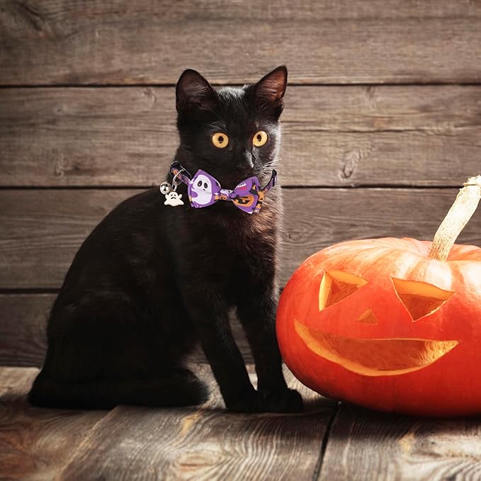 ADOGGYGO Halloween Cat Collars with Bow Bell, Breakaway Kitten Collar with Bowtie Pumpkin Ghost Halloween Collar for Girl Boy Cats Kittens