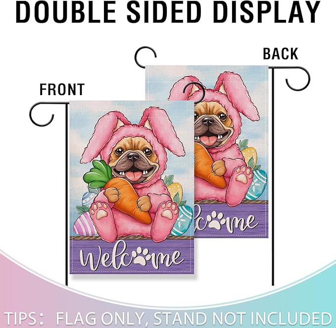 Artofy Welcome Easter Bunny Dog Small Decorative Garden Flag, French Bulldog Rabbit Yard Lawn Outside Decor Pet Lover Gift, Spring Carrot Egg Farm Burlap Outdoor Home Decoration Double Sided 12 x 18