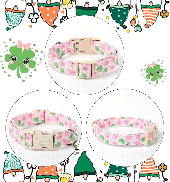 St Patricks Day Dog Collar for Large Dogs - Cute Light Pink Shamrock Girl Dog Collars, Adjustable Irish Clover Puppy Collar with Quick Release Buckle L