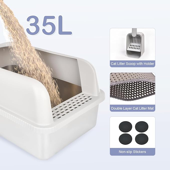 Henkelion 2 Pack Stainless Steel Cat Litter Box with Lid, 24" L x 16" W x 11.8" H, Extra Large Litter Box for Big Cats with High Sided, Anti-Urine Leakage, Easy Cleaning, Include Cat Mat and Scoop