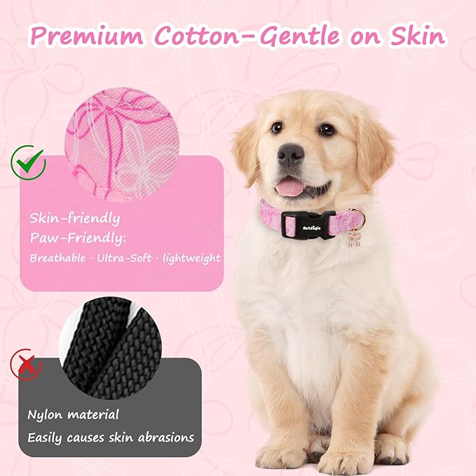 Extra Small Dog Collar, Girl Boy Dog Collars with Bow Pattern, Adjustable Cotton Pink Dog Collar for Puppy, Cute Holiday Collars for Dogs, Ideal for Gifts,Pet Accessory,Daily Walk-XS