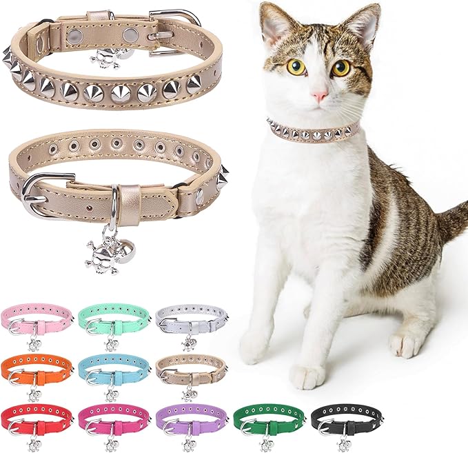 Leather Cat Collars for Boy Girl Cats with Bell and Safety Elastic Belt, Personalized Rivets Stud Adjustable Safe Buckle Collar with Skull Charm for Kitty Small Pets, Halloween Cat Collar
