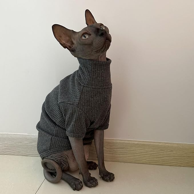 Sphynx Cats Shirt Cat Turtleneck Cotton Sweater Pullover Kitten T-Shirts with Sleeves Cat Pajamas Jumpsuit for Sphynx Cornish Rex, Devon Rex, Peterbald (XX-Large (Pack of 1), Deep Grey)
